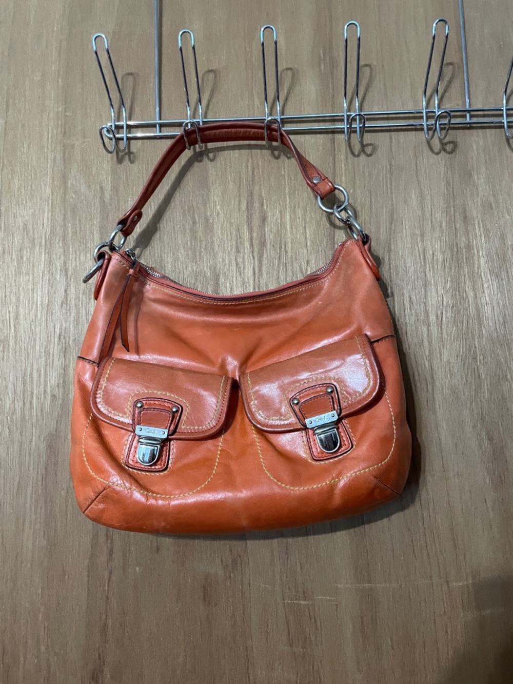 Coach Orange Leather Shoulder Hobo with Front Buckle Pockets